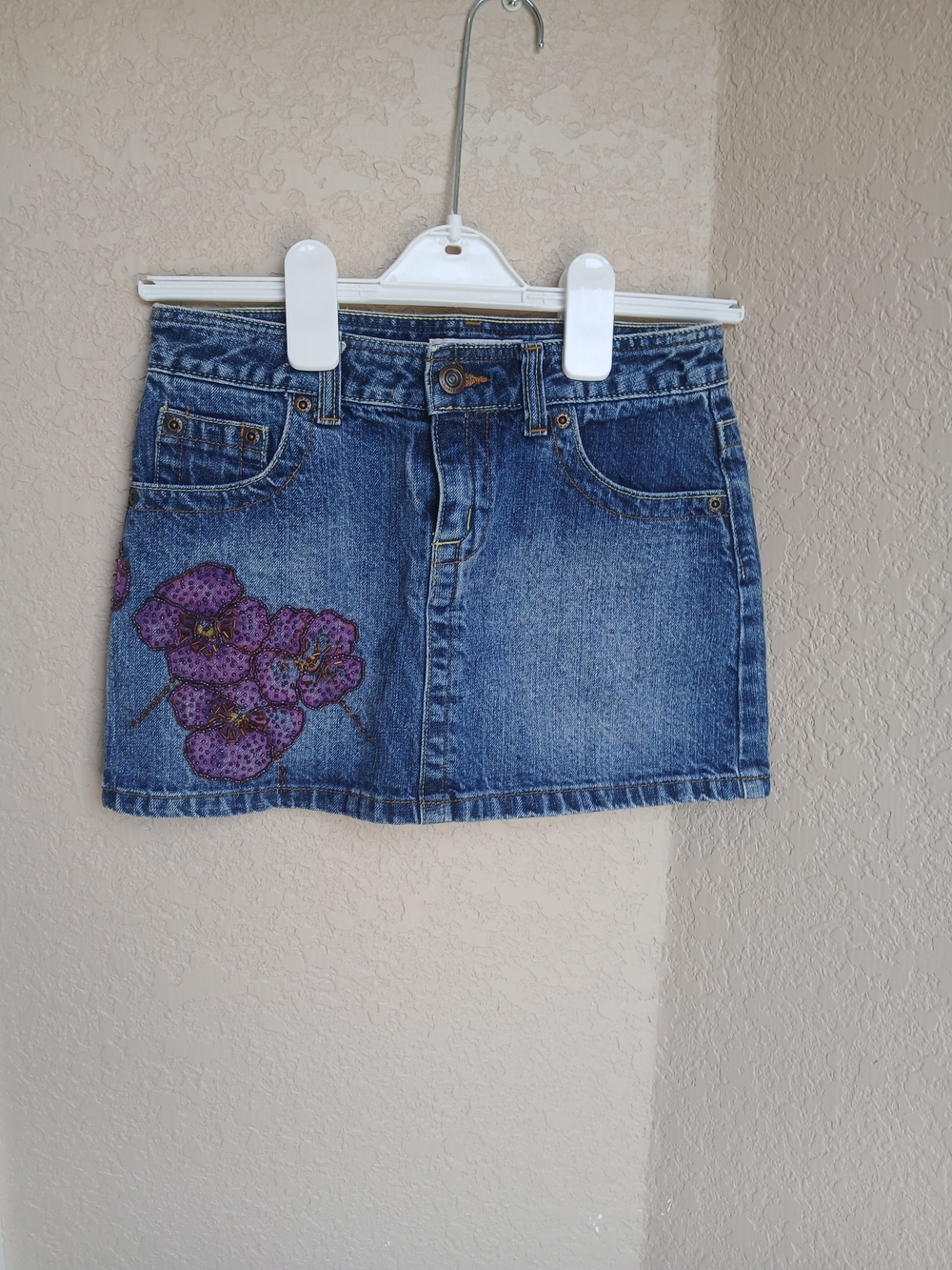 Xhilaration Blue Denim Mini Skirt with Purple Floral Detail